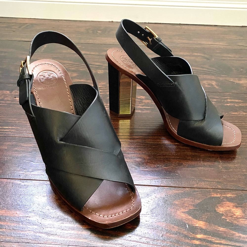 Tory Burch Bleeker slingback high heel sandals shoes Sz 8 1/2 black leather gold